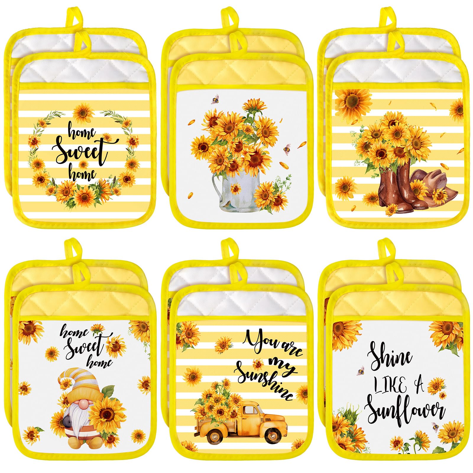 Sratte 12 Pcs Sunflower Pot Holders with Pocket Gnome Sunshine Farmhouse Kitchen Potholder Heat Resistant Dual Function Hot Pads for Spring Summer