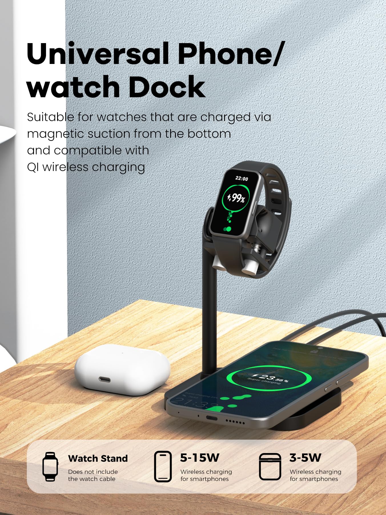 Station de charge universelle sans fil 2 en 1 avec support de bracelet intelligent réglable, compatible avec Samsung/Xiaomi/Amazfit/Fitpolo/GRV/AGPTEK/Fire-Boltt (03SW-B)
