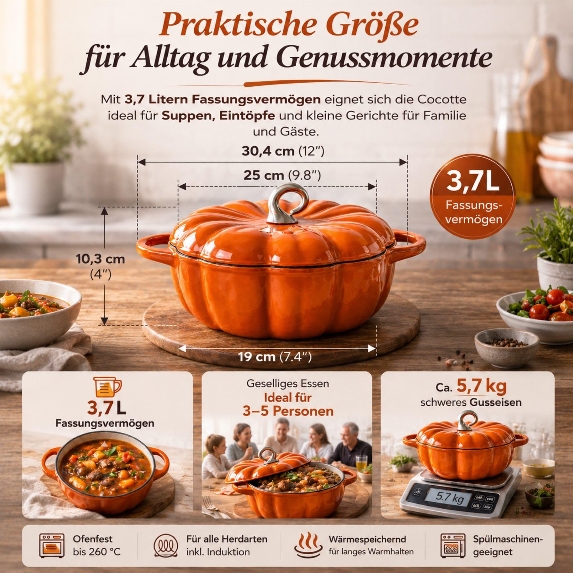 Cocotte à La Citrouille, Four Hollandais en Fonte Émaillée, Marmite à Citrouille Antiadhésive, Marmite à Ragoût, Pot de Décoration, Orange, 3.7L