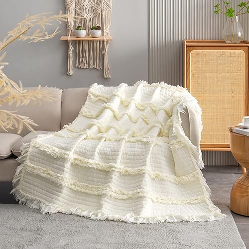 Miniatura 7 de Manta acolchada ultra suave y prelavada, tamaño King, color crema, manta decorativa con flecos y volantes, manta rústica lavada a la piedra para