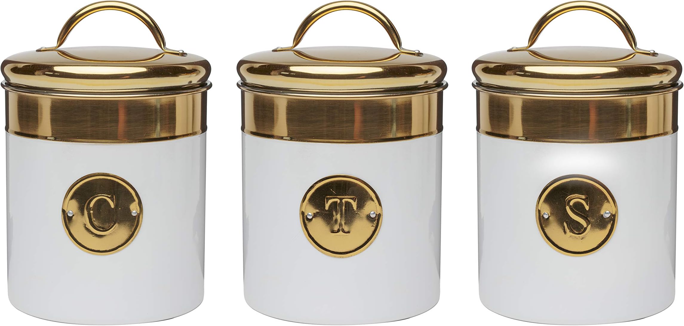 Amici Home Simone White with Gold Monogram Emblems 76 oz Metal Storage Canisters, Set of 3