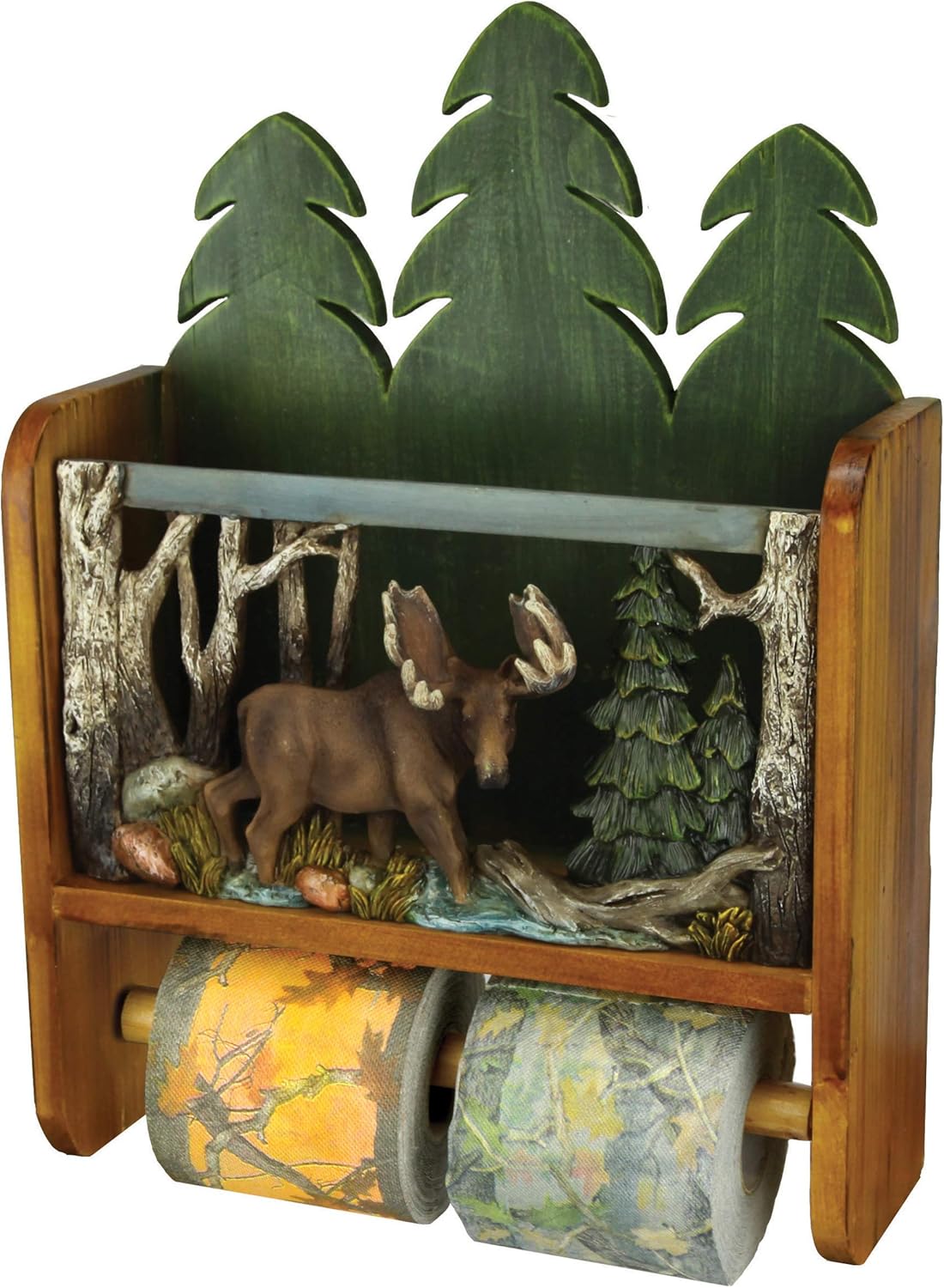 Rivers Edge Products Wood Magazine Rack and Toilet Paper Roll Holder, Wall Mounted Storage, Holds Two Standard TP Rolls, Bathroom Decor, Room Decor, or Home Decor, Moose