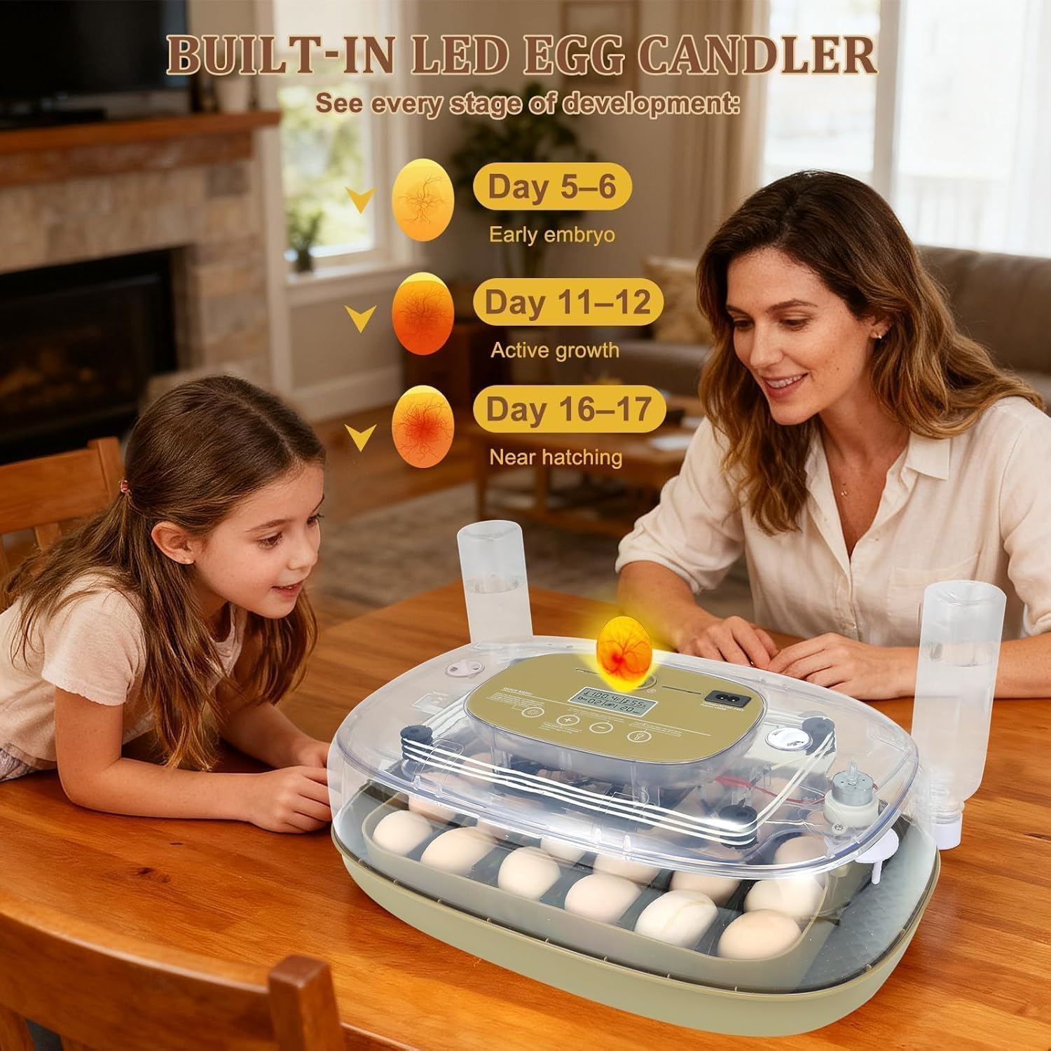 Series III - 24 Egg Automatic Incubator, Full-Stage Adaptive Humidity (Dual-Bottle) & Auto Temp Control, Custom-Interval Auto Turn & Auto Stop, Preset Incubation Days, Adjustable Egg Spacing, Candler