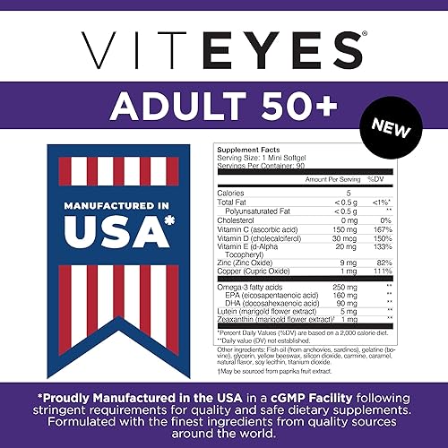 Miniatura 6 de Viteyes Adult 50 Plus para la salud ocular, apoyo de la visión, envejecimiento de los ojos, luteína, zeaxantina, omega-3, zinc, vitamina C, vitamina