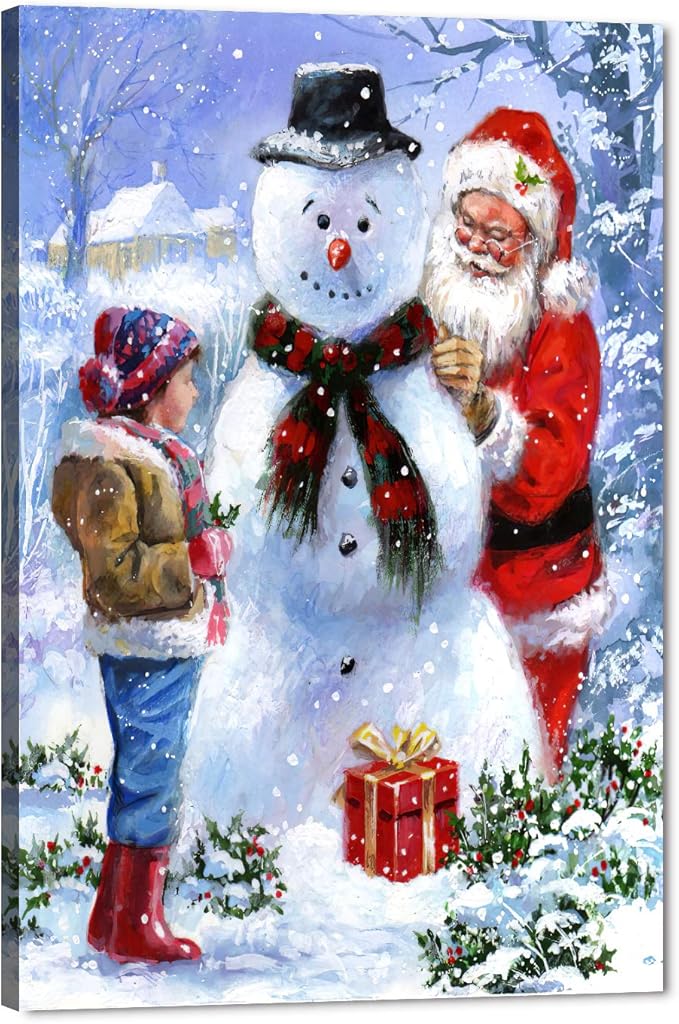Christmas Wall Art Canvas - Christmas Pictures for Wall Decor, Santa Claus's Snowman Gift