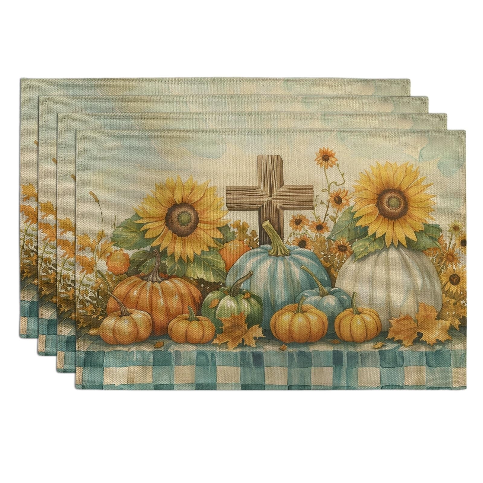 Autumn Harvest Sunflower Placemats, Yellow Rustic Farmhouse Table Mats for Thanksgiving, Non-Slip Washable Indoor Outdoor Decorative Placemat Set of 4