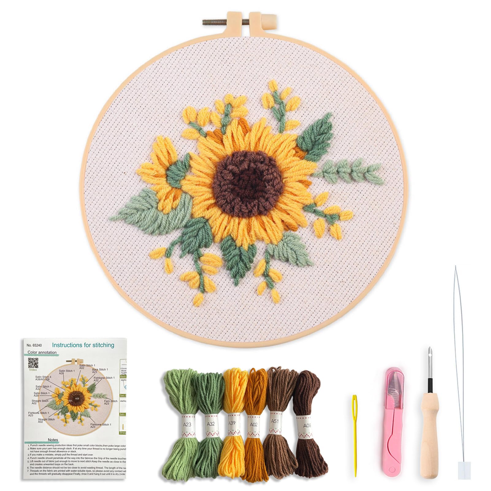 Creative Stab Punch Needle Kit, Sunflowers, Daisy & Flower Patterns , Beginner-Friendly ,Complete Set with Fabric, Needle, Yarn & Instructions , Perfect for Adult Handicraft Enthusiasts (sunflower)