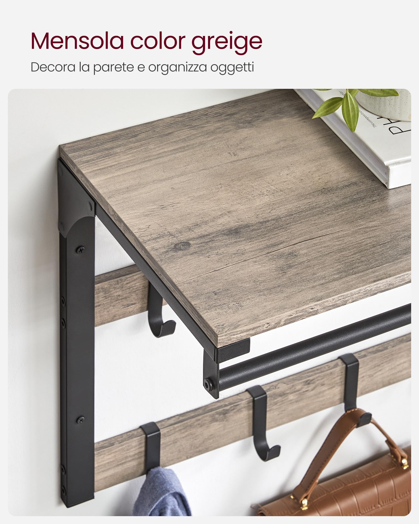 VASAGLE Appendiabiti da Parete, Mensola da Muro con 10 Ganci Rimovibili a 2 File, Barra Attaccapanni, per Ingresso Camera da Letto Bagno, Greige e Nero LCR101B02