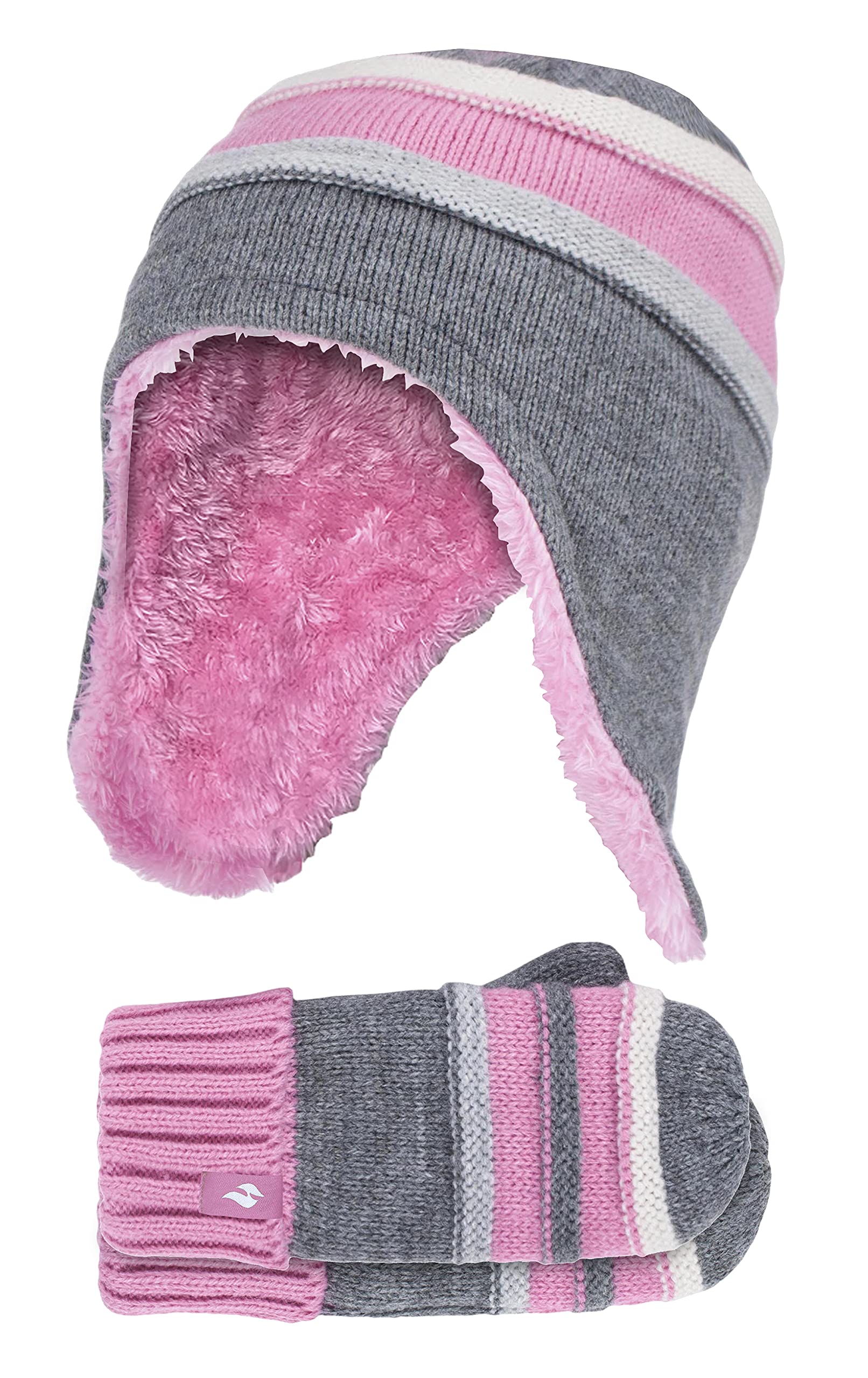 HEAT HOLDERS - Girls Cozy Winter Warm Beanie Hat and Mittens Set (3-6 Years, Pebble Grey)
