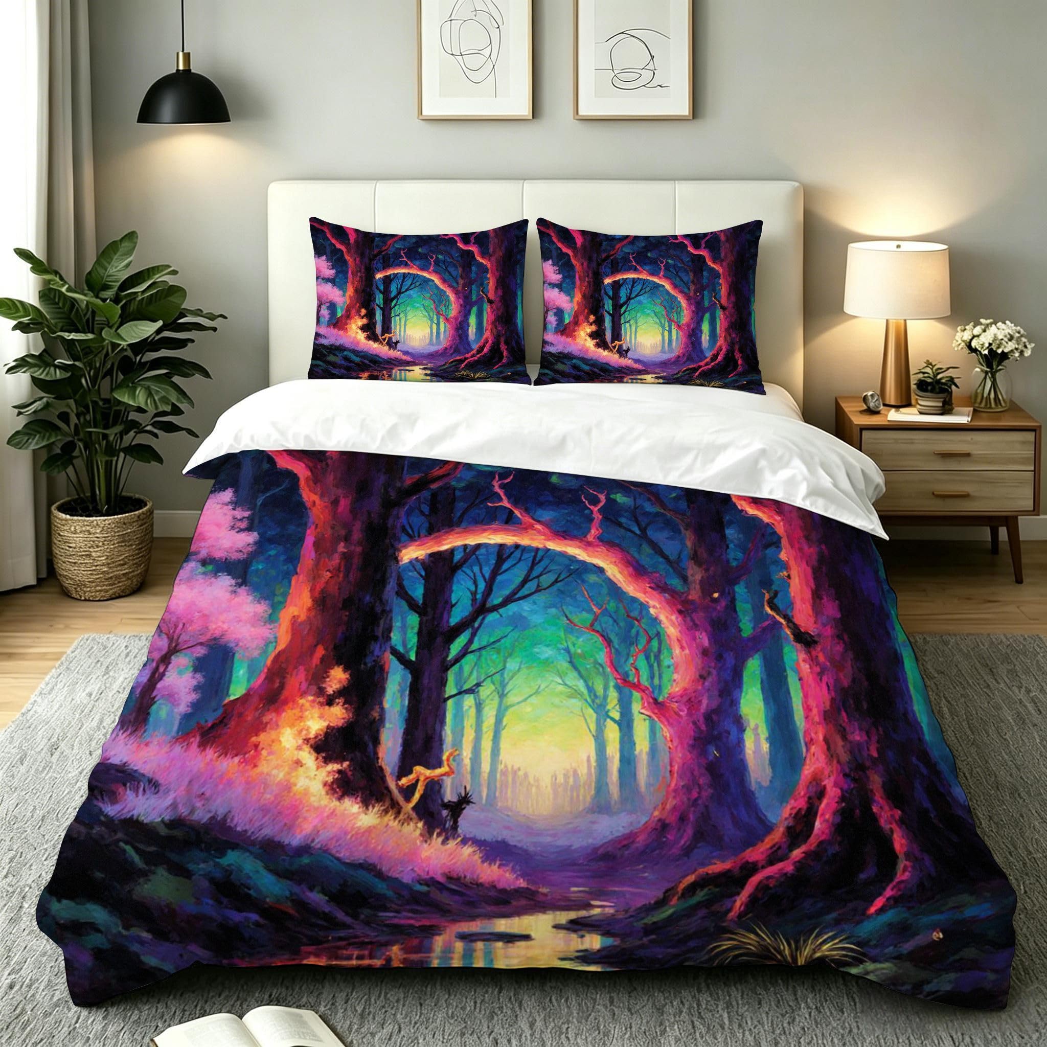 Funda Nórdica Cama 180, 240x260 cm Bosque Amarillo, AQ2280 | 3D Estampado, con 2 Funda Almohada, con Cremallera Oculta, para Adultos Parejas, para Villa Dormitorio, Ligero Transpirable