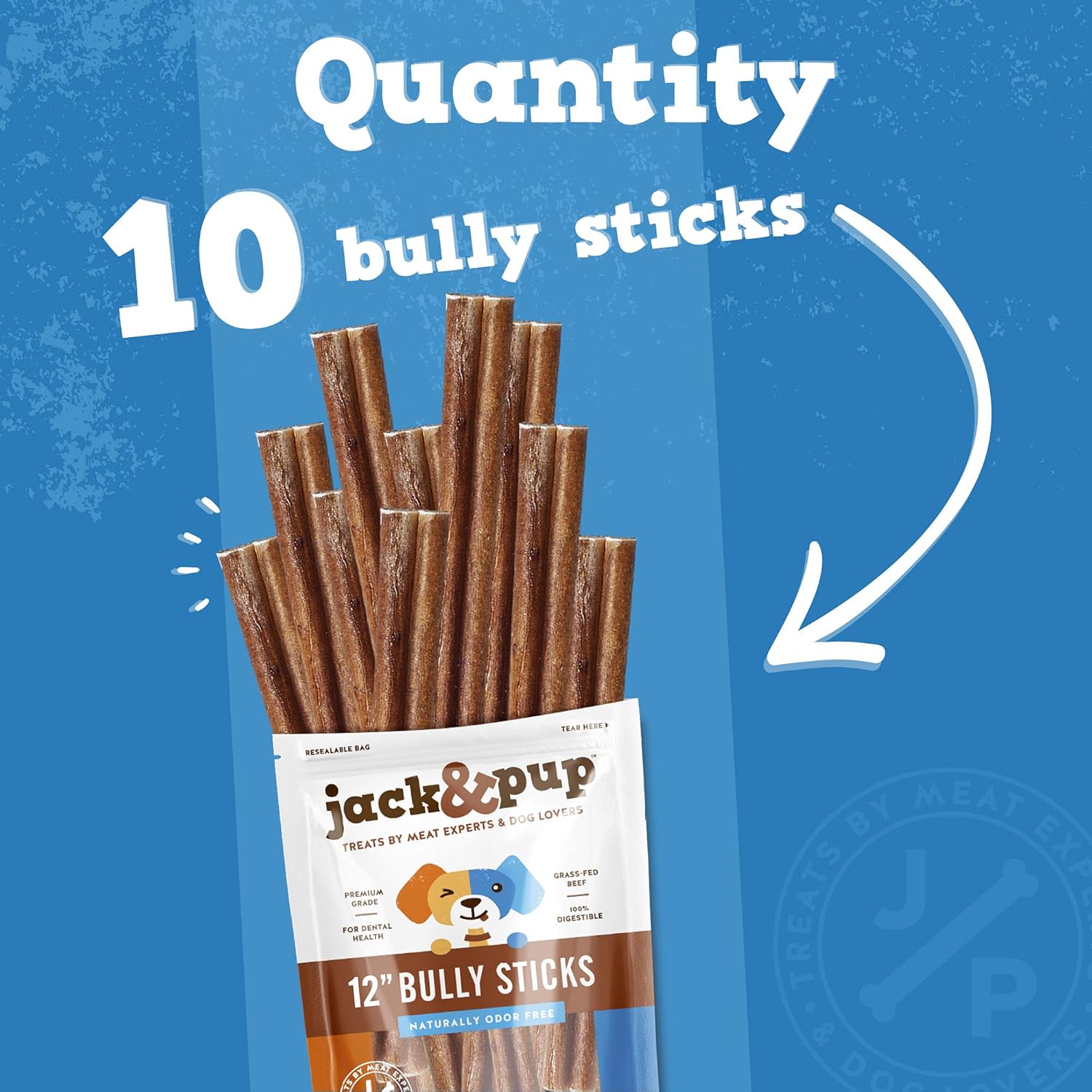 Jack&Pup 12 Inch Bully Sticks for Medium and Large Dogs (10 Pack) Standard Thickness, Dog Chew, Single Ingredient Bully Stick