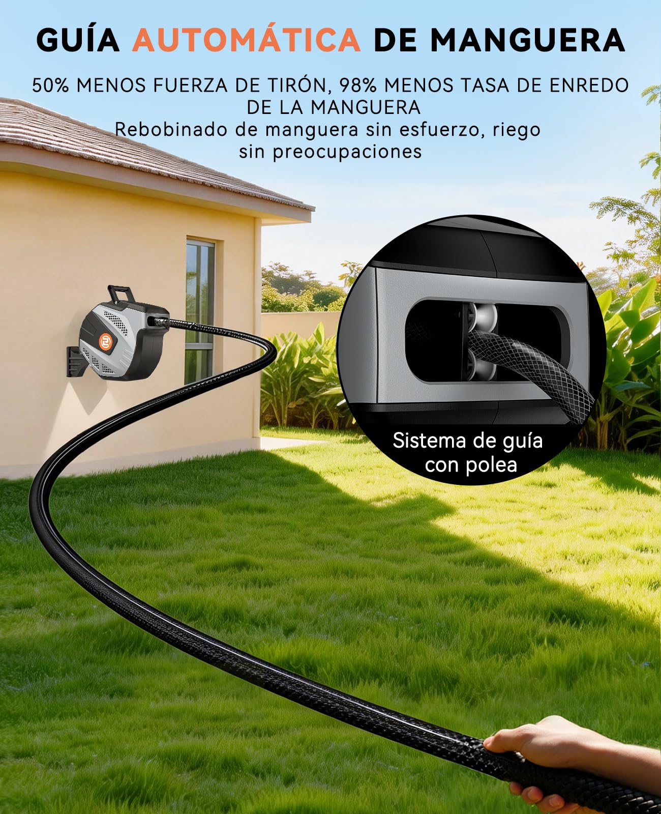 SUNPOW Enrollador Manguera Jardin de 15M, Manguera Enrollable con 10 Modos de Pulverización, Retracción Automática, Bloqueo de Longitud, Base de Pared 180° Giratorio