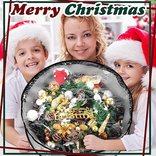 Vista 30 de Dunzy 8 contenedores de corona de Navidad, bolsa de almacenamiento de guirnalda resistente a desgarros, cajas redondas con ventana transparente