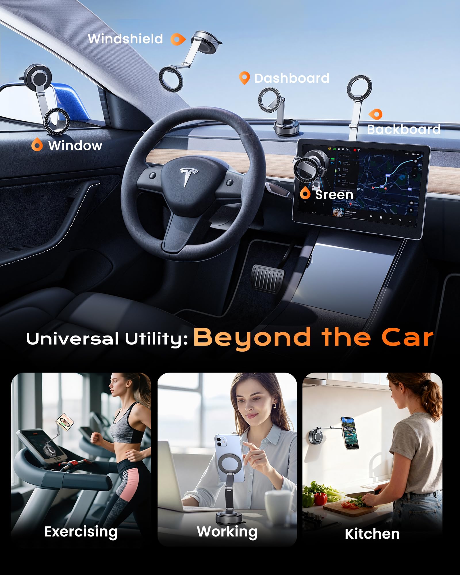 Magnetyczny uchwyt na telefon do samochodu z 3-osiowym długim ramieniem, składany, zmywalny, nano-żel + przyssawka próżniowa uchwyt samochodowy pasuje do Tesla Model Y/3, iPhone 17, 16, 15, 14, 13, 12