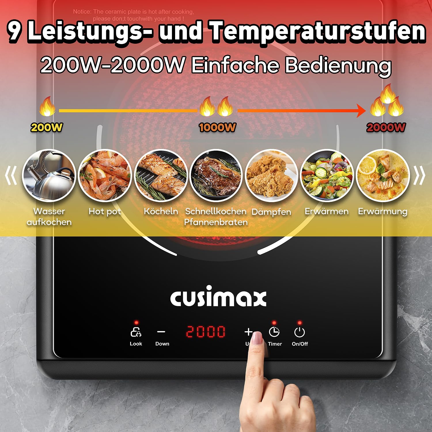 CUSIMAX Kochplatte, 2000W Elektro Kochplatte für zu Hause mit 9 Geschwindigkeiten, keramische Herdplatte Sensor Touch, Kindersicherung und Timer, kompatibel für alle Kochgeräte