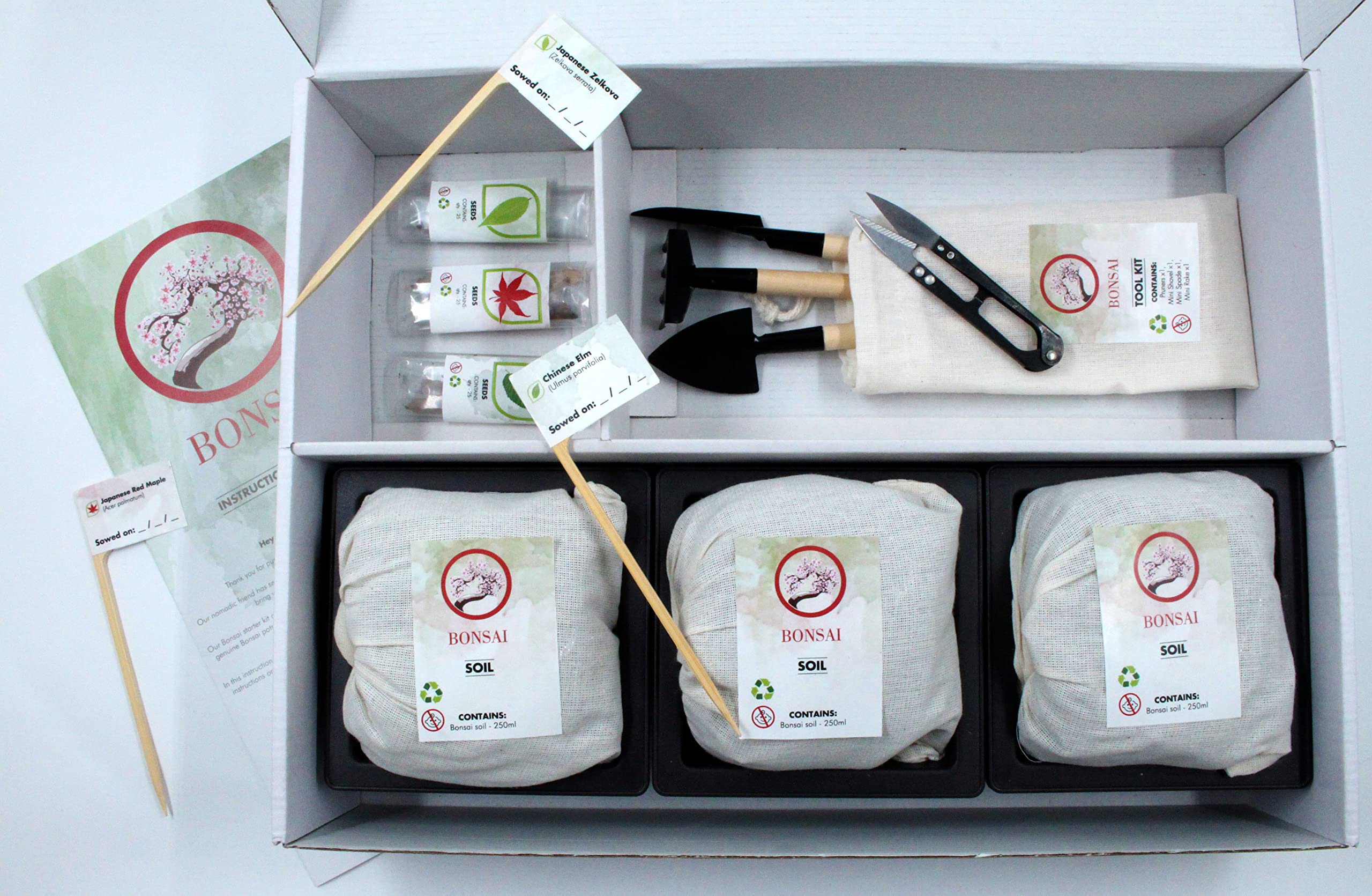 Kit de Démarrage Bonsai Japonais Authentique - 3 Variétés de Graines, Terreau, Pots, Outils, Coffret Cadeau