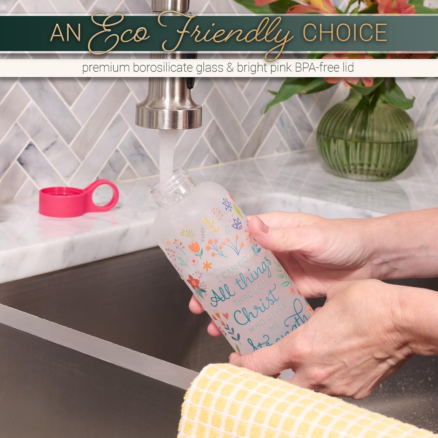 Christian Art Gifts Reusable Frosted Glass Inspirational BPA-Free Water Bottle for Women: All Things Through Christ Scripture Verse, Carry Handle Loop, Twist Cap Lid, Red & Multicolor Floral, 17 oz. - Image 4