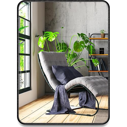 URnicehome 16x24 inch Black Bathroom Rectangle Mirror for Wall Decor Metal Frame Round Corner Matte Rectangular Mirror (Horizontal/Vertical)