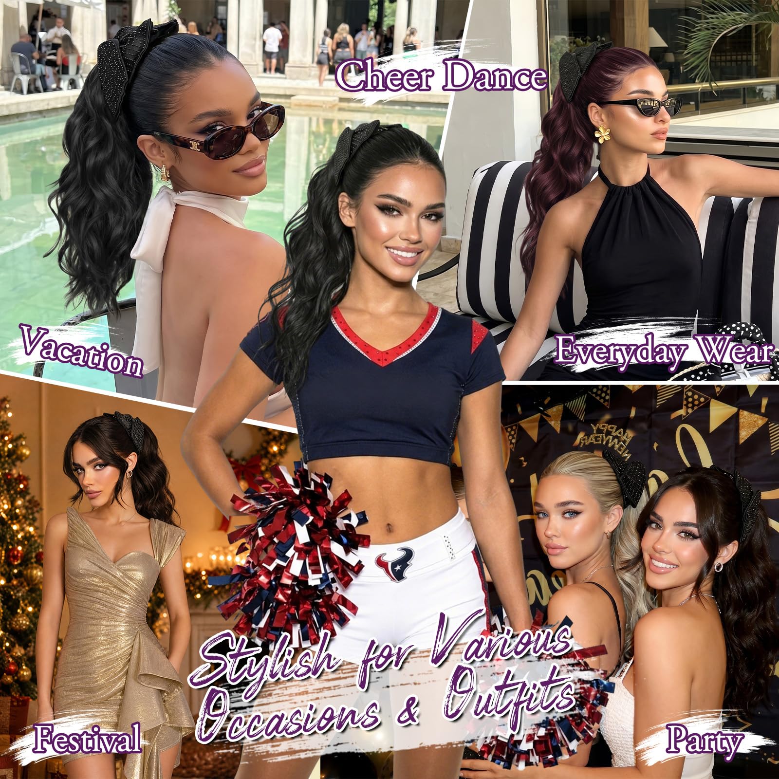BARSDAR Coleta Postiza Extensiones Pelo, 45cm Bow Pinza Garra Ondulado Negro Marrón Cola de Caballo Extensiones para Mujeres Aspecto Natural Ligeras Sintética Ondulado Negro Marrón Ponytail Postizos