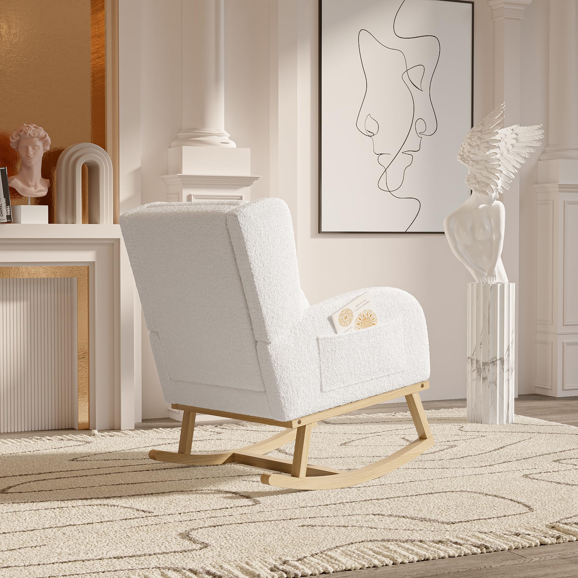 Sillón mecedora de lana de cordero con soporte lumbar, silla acolchada cómoda, bolsillos laterales, sillón de lactancia moderno y lectura (blanco)