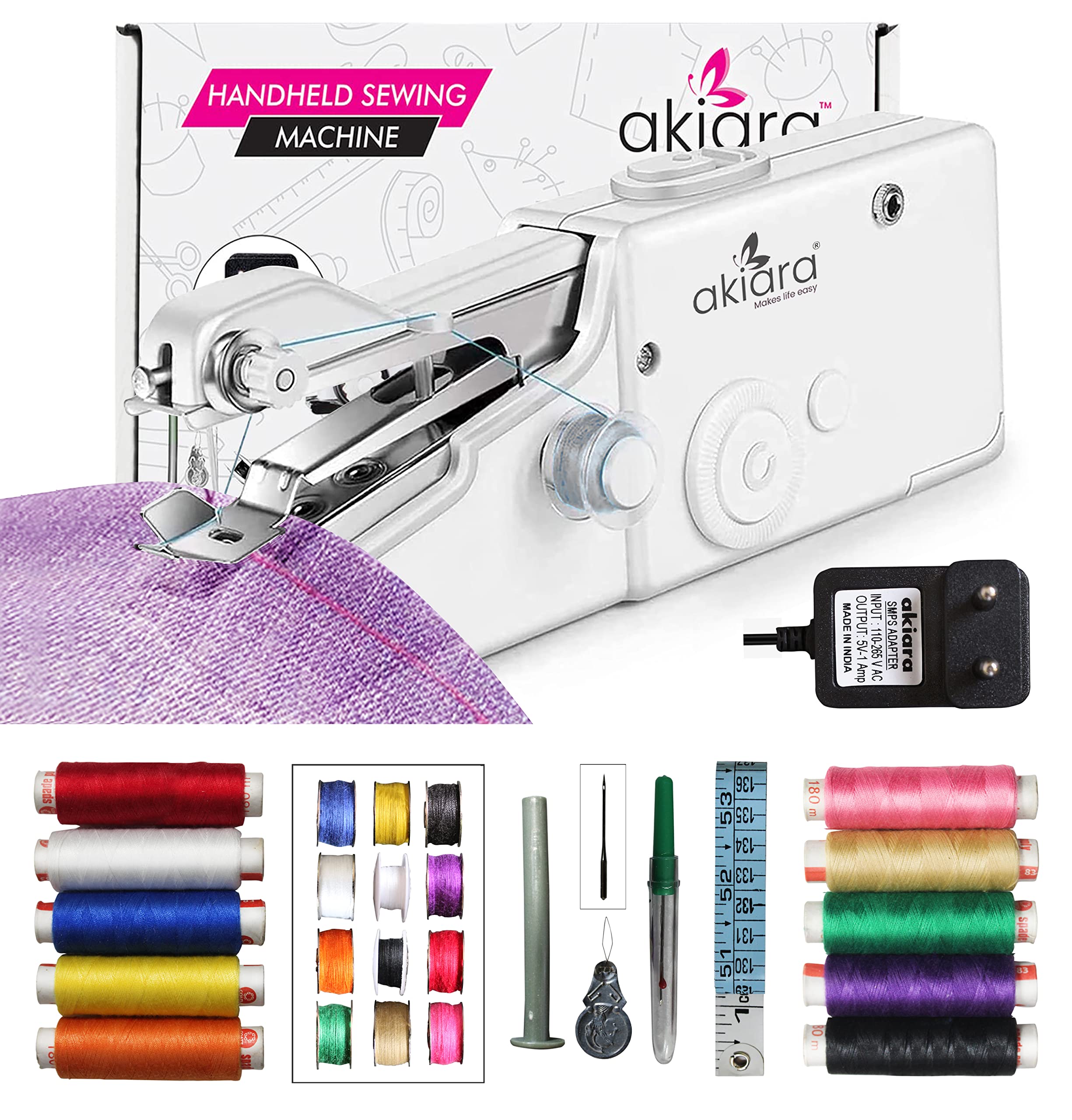 akiara - Makes life easy® Handy Portable Small Sewing Machine | Stitching Machine | Silai Machine for Home Tailoring Use With Multicolour Threads and Bobbin Set