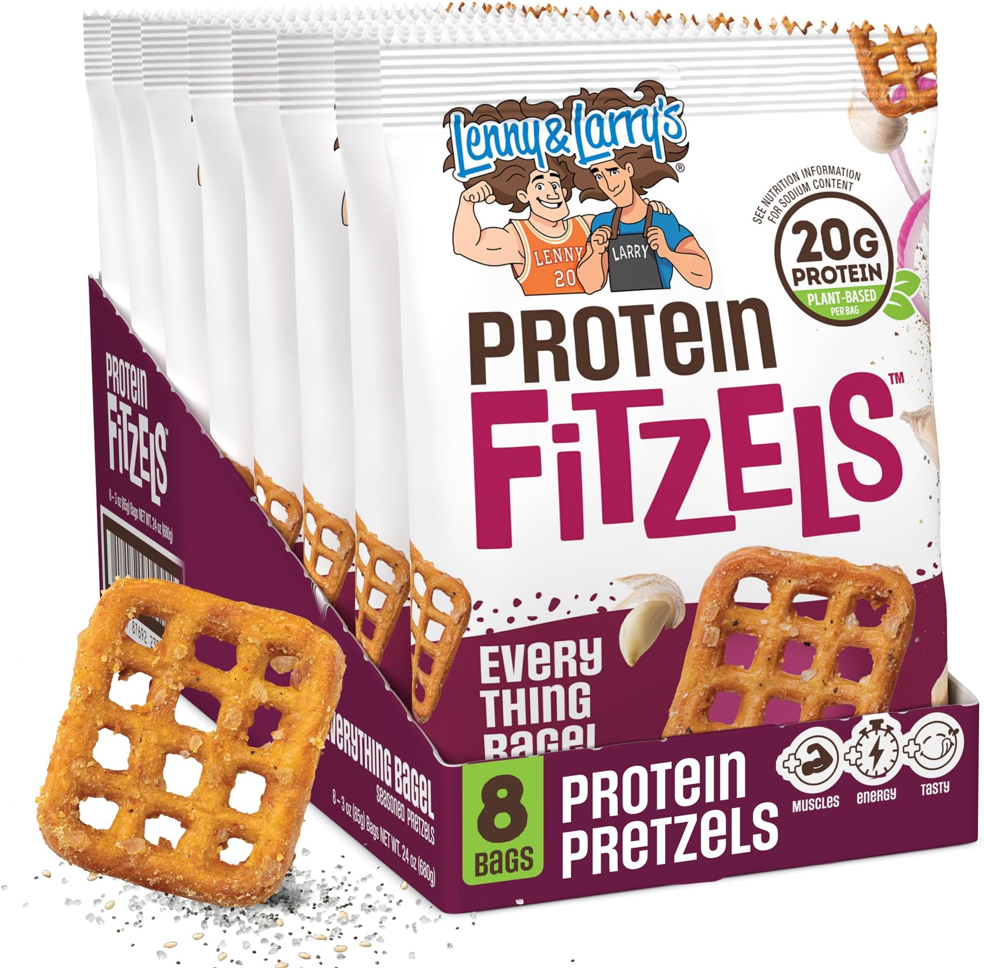 FITZELS Protein Pretzels (Everything Bagel) 8 Individual Bags 3 oz Each – High Protein Snacks with 20g of Plant Based Protein – Healthy Vegan Pretzels – Delicious Salty Taste