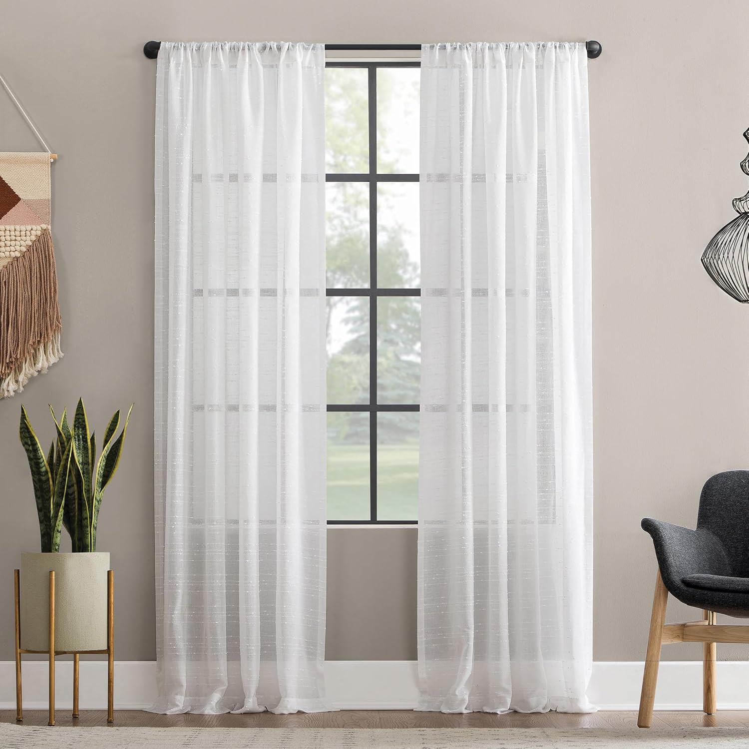 Clean Window Textured Slub Stripe Anti-Dust Allergy/Pet Friendly Sheer Curtain Panel, White, 52" W x 95" L (1 Panel)