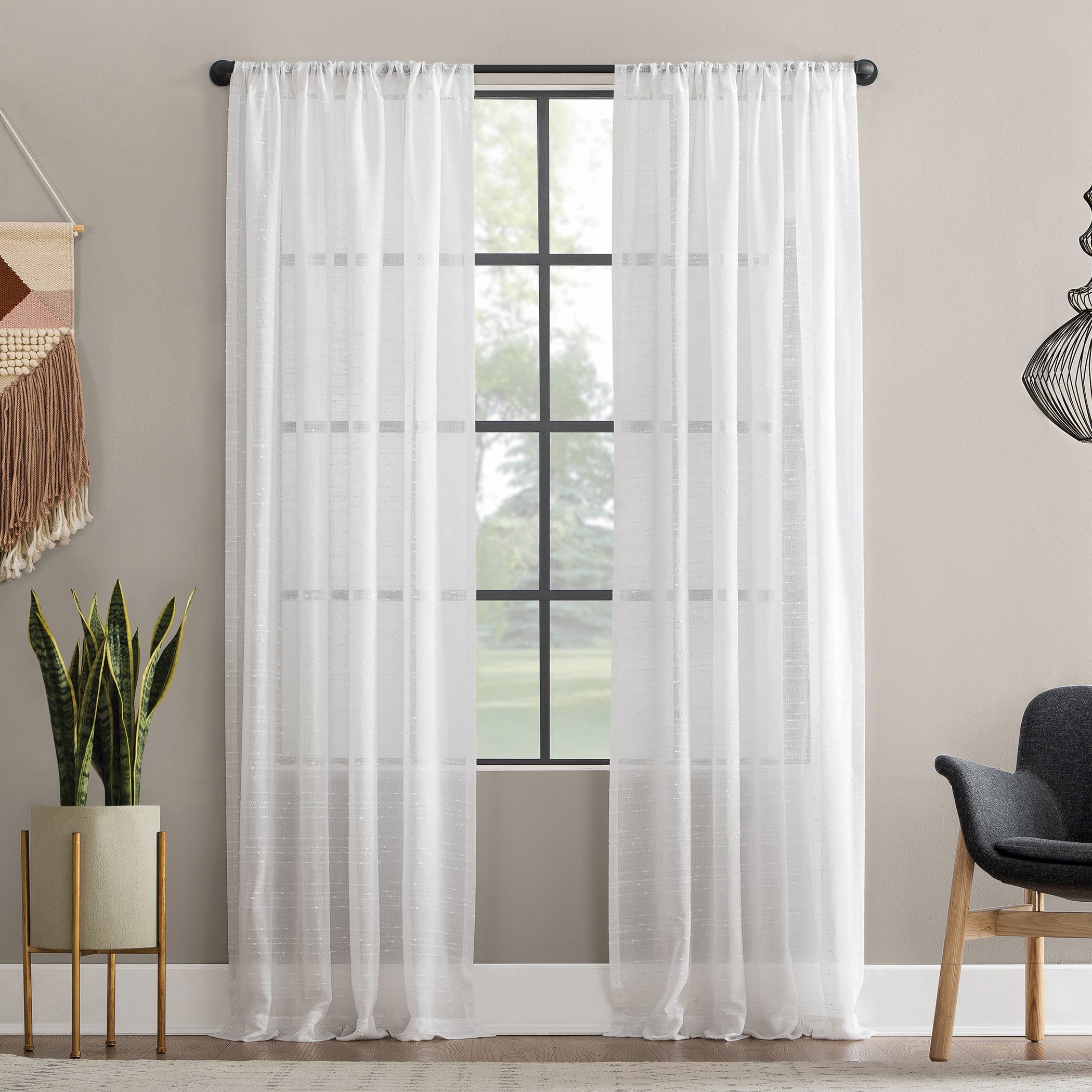 Textured Slub Stripe Anti-Dust Allergy/Pet Friendly Sheer Curtain Panel, White, 52" W x 84" L (1 Panel)