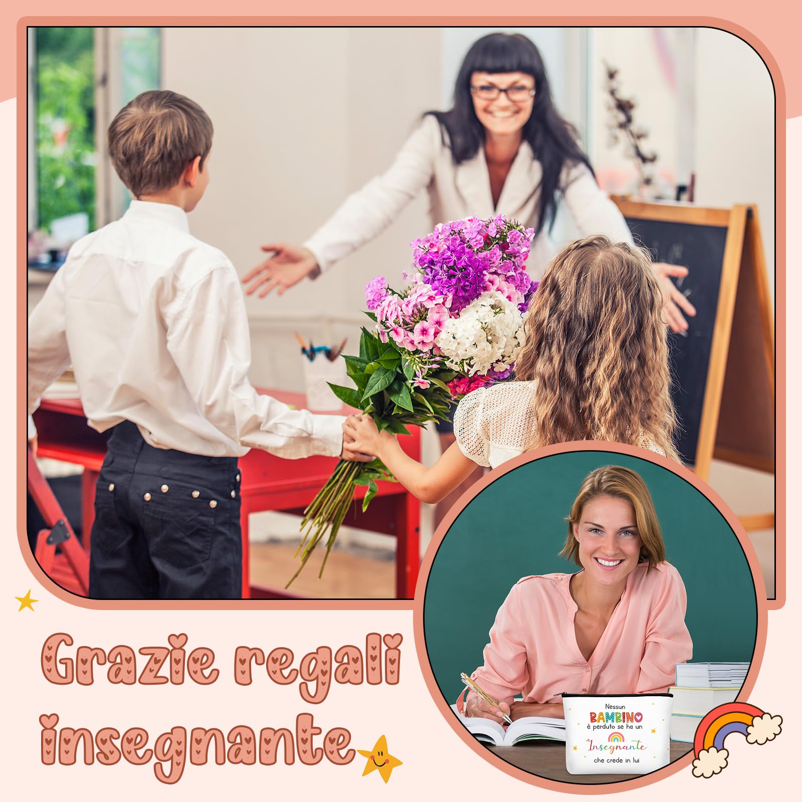 Xuniea 3 Sets Regali di Ringraziamento per Insegnante 3 Portachiavi con Cuore e Arcobaleno 3 Borse per Cosmetici in Tela 3 Penne a Sfera Carte e Corda per Maestra Asilo Professoressa Laurea Compleanno