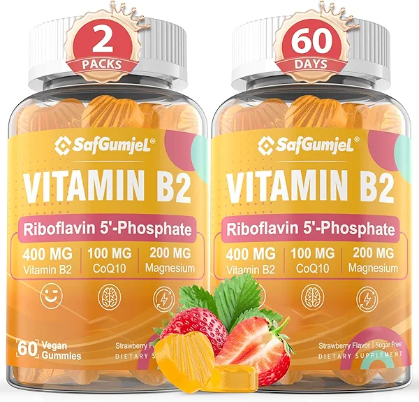 Safgumjel Vitamin B2 Gummies | Riboflavin 400mg for Adults and Kids | with Magnesium & CoQ10 for Energy & Migraine Relief | Sugar Free B2 Vitamin VIT B | Non GMO, Vegan, 120 Counts