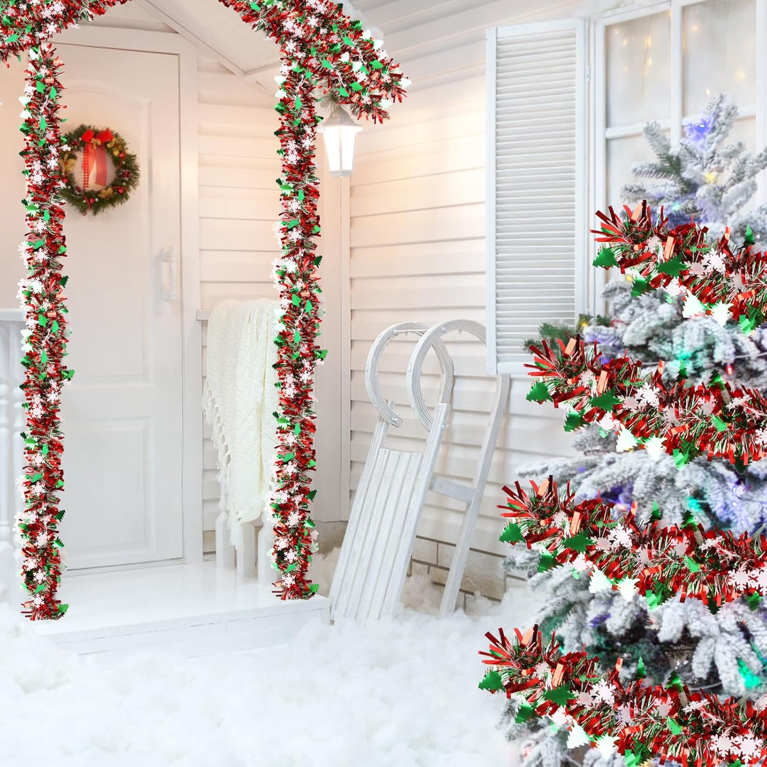 LOAVER 33 FT Christmas Tinsel Garland with Snowflake Christmas Tree,Green Red Metallic Tinsel Twist Garland Shiny Hanging Decoration for Xmas Tree Party Supplies Stair Railing Indoor Outdoor Decor - Image 7
