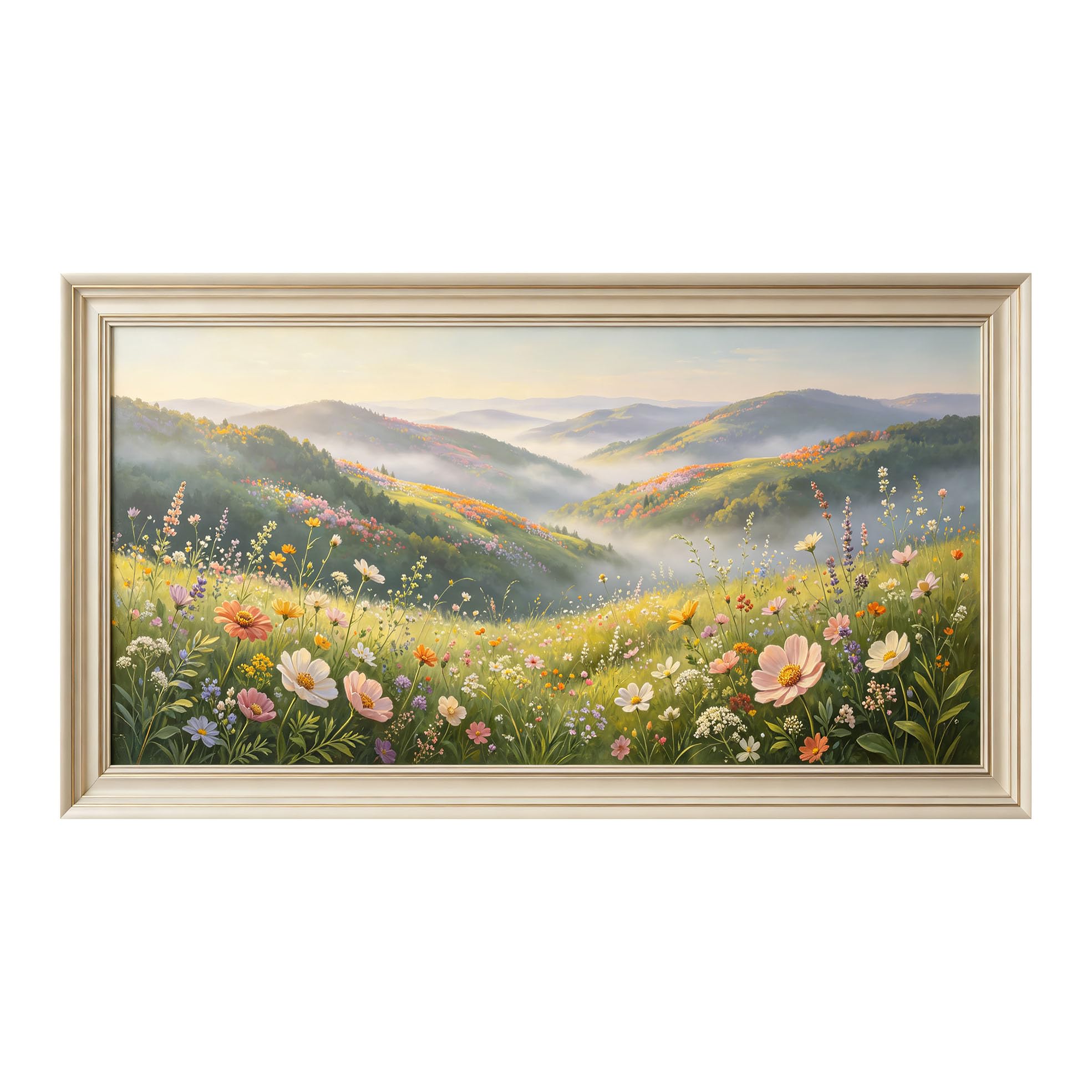 Yzpallescene 3D Framed Wall Art 50cm×100cm Misty Mountain Meadow Botanical Impressionist Oil Painting Large Size SelfAdhesive Removable Wall Decor Prints Artwork for Living Room Bedroom Office