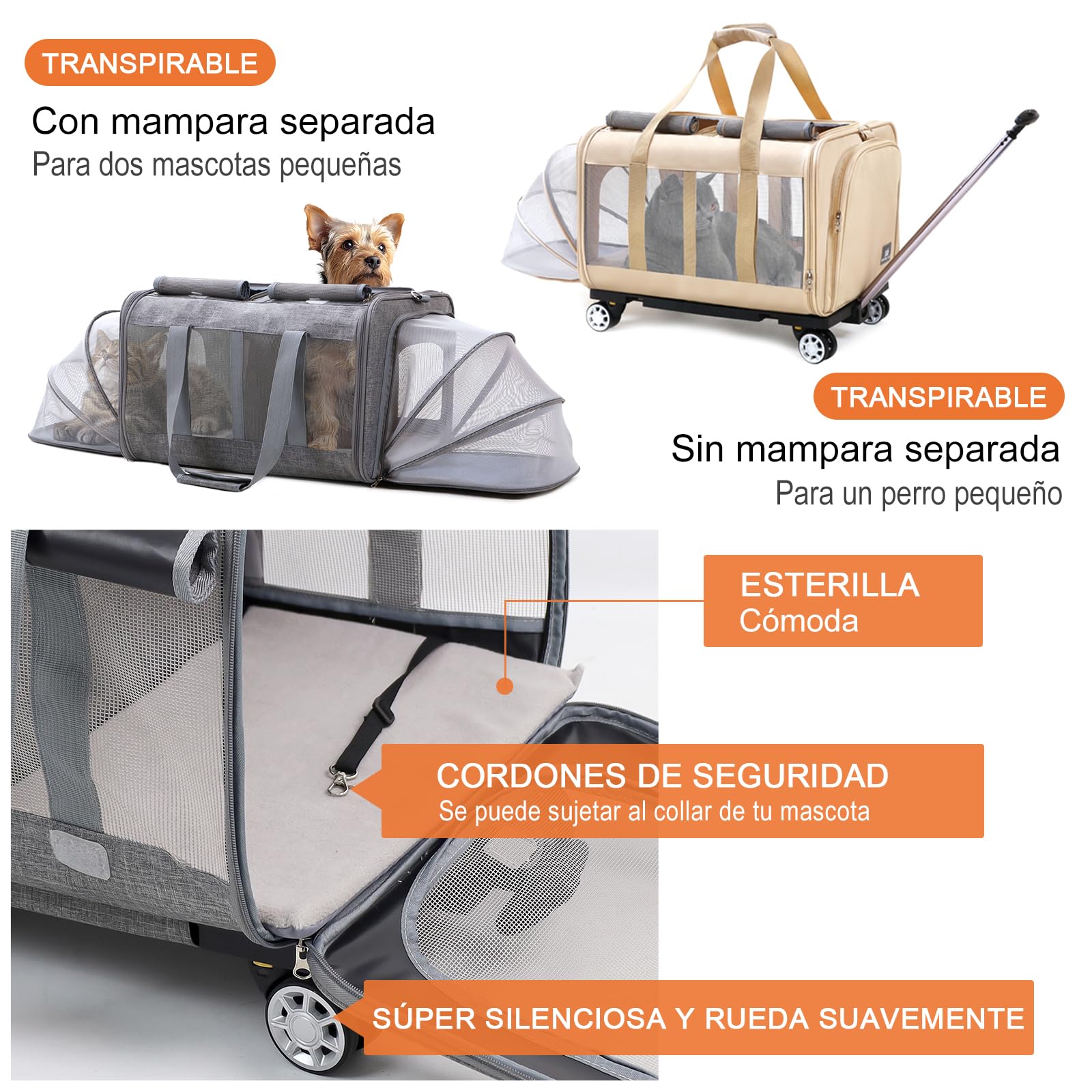 Transportín Doble para 2 Gatos con Ruedas - 2 Compartimentos Independientes,Base Extraíble y Correas de Seguridad - Transpirable - Ideal Viajes en Coche/Veterinario (55x44x33 cm)