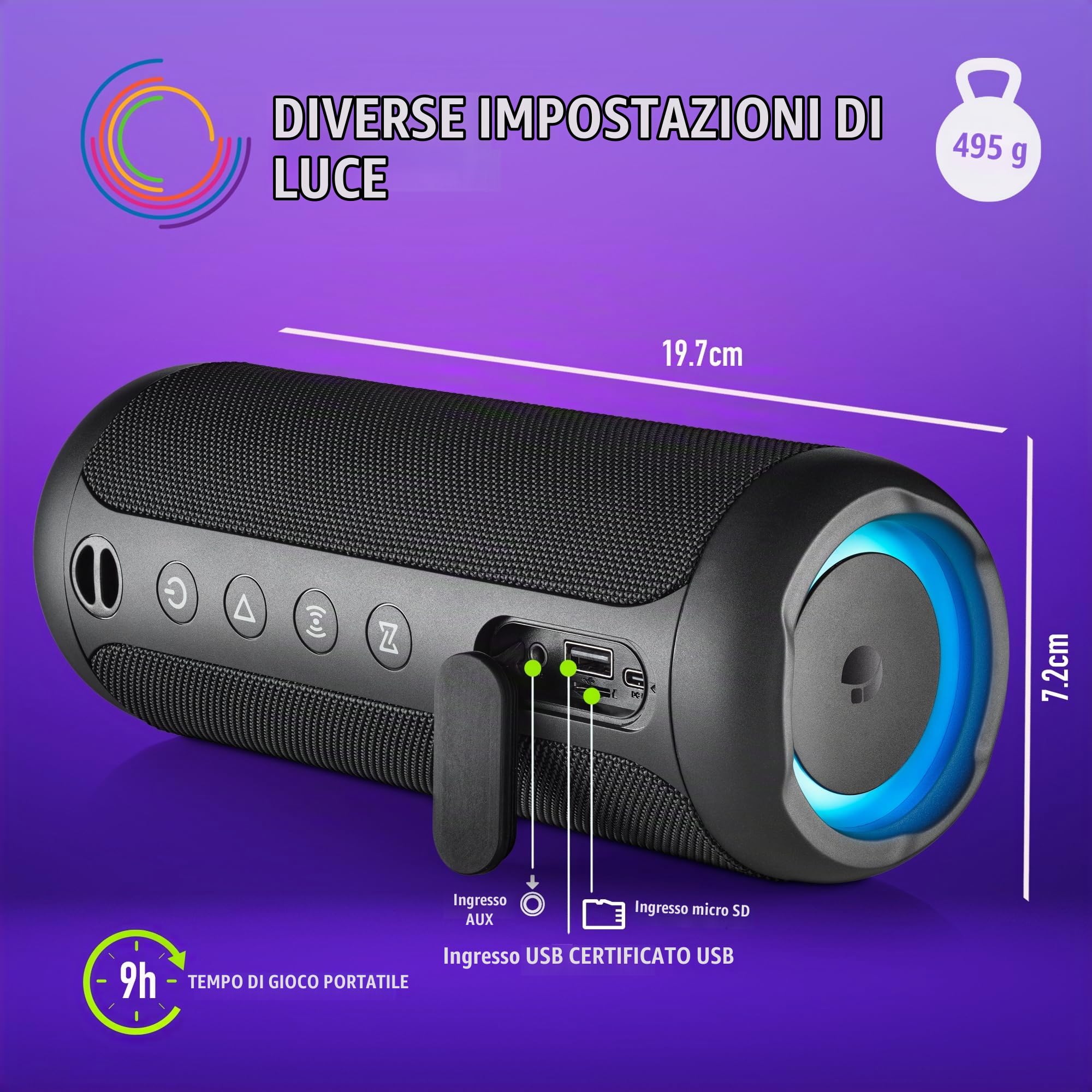 NGS Roller Furia 2 Black - Altoparlante Wireless Compatibile con Bluetooth, Impermeabilità IPX7, 30 W, True Wireless, USB, Durata Batteria 9 Ore, Nero