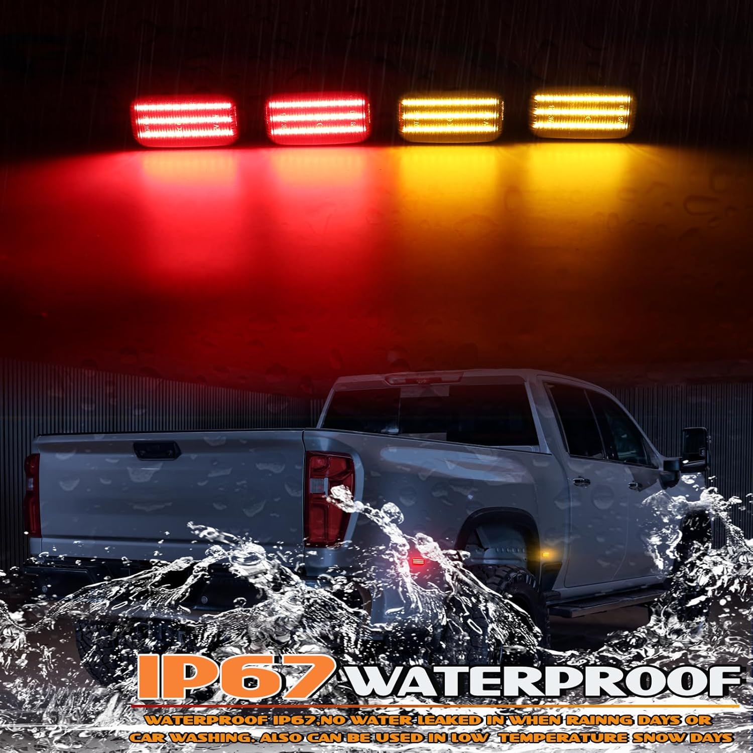 LED Dually Fender Side Marker Lights For 2015-2025 Chevy Silverado GMC Sierra 2500HD 3500HD 3-rows Amber & Red Dual Rear Wheel Truck Bed Marker Lamps, Smoked Lens 4PCS
