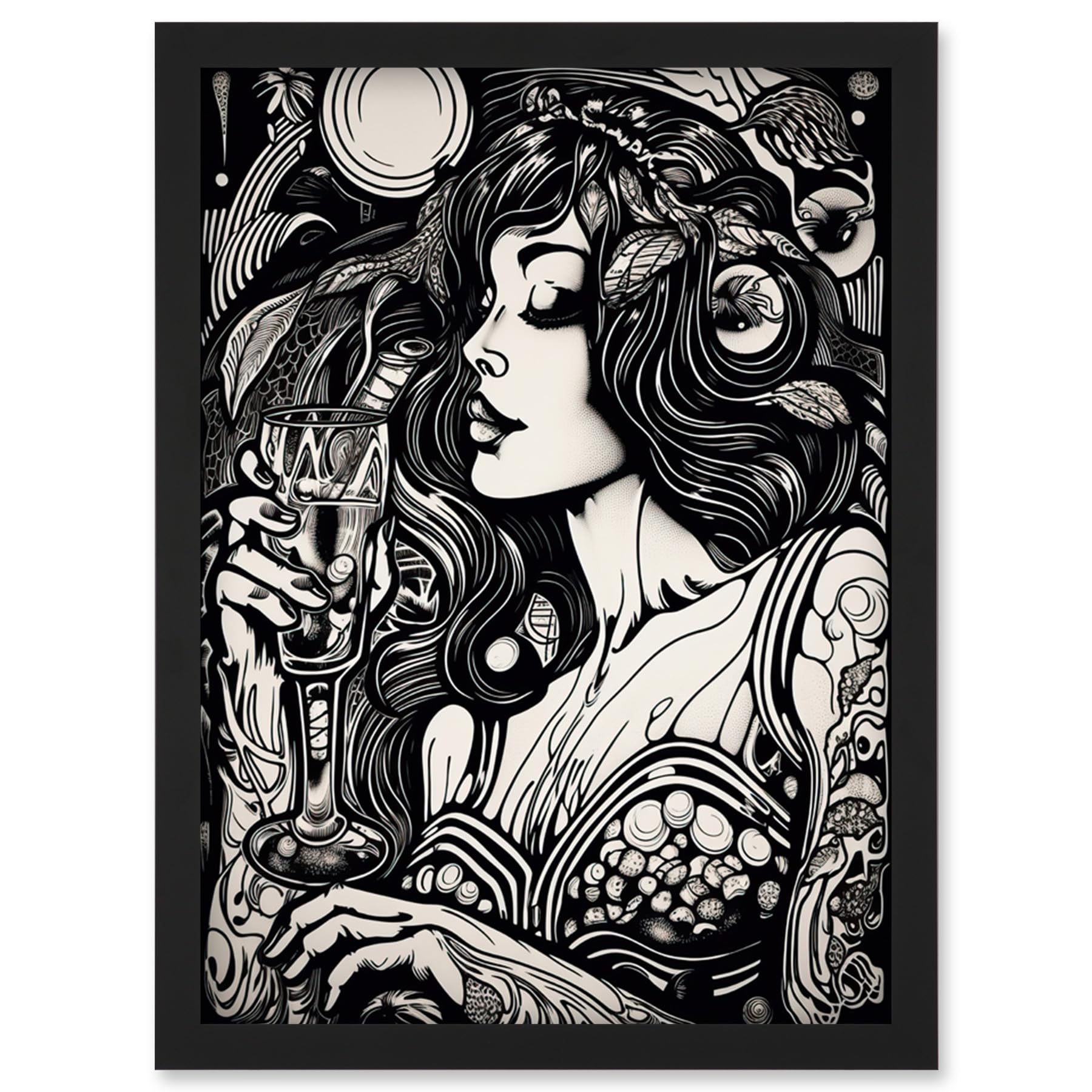 Artery8 Woman Drinking Wine Black and White Illustration Artwork Framed Wall Art Print A4
