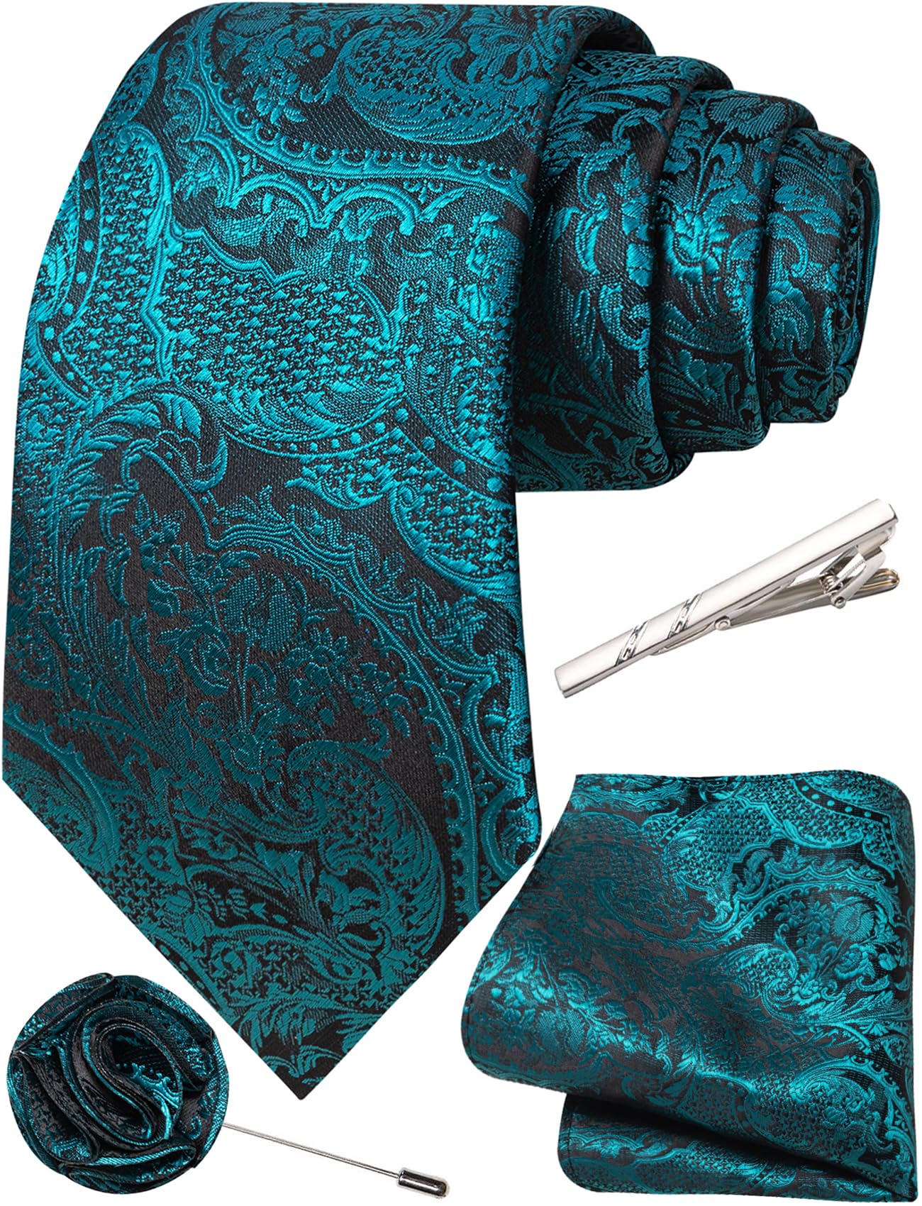 Unique Paisley Ties for Men Silk Neck Tie and Pocket Square Set with Tie Clip Lapel Pin Wedding Formal