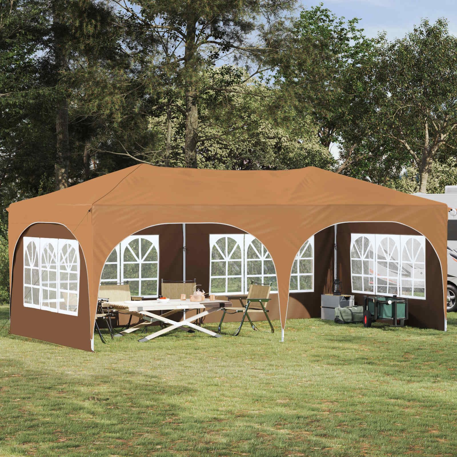Namiot imprezowy Pop-up z wytrzymałego materiału Oxford 575 x 288 x 245 cm, beżowy, z ochroną przed promieniowaniem UV i wodoszczelnym dachem, składany i z regulacją wysokości, do ogrodu, na
