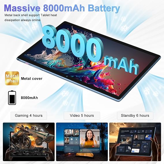 Tablet Android 15 Octa Core 10 Inch 30GB RAM + 128GB ROM (2TB TF) | 5G + 2.4G WiFi | 8000mAh | FHD | Bluetooth 5.0 | GPS | 8MP + 5MP | Type C, Keyboard and Mouse - Blue