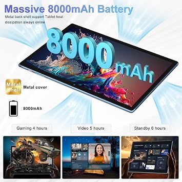 Tablet Android 15 Octa Core 10 Inch 30GB RAM + 128GB ROM (2TB TF) | 5G + 2.4G WiFi | 8000mAh | FHD | Bluetooth 5.0 | GPS | 8MP + 5MP | Type C, Keyboard and Mouse - Blue