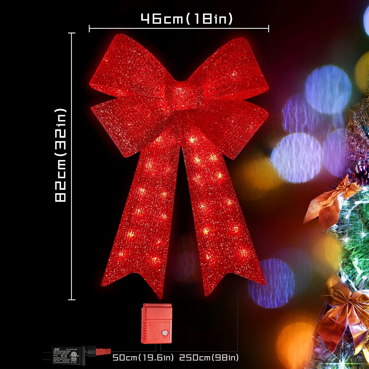 82cm(32in) 72LED Christmas Tree Topper Decorative Bows, Christmas Glitter Red Bows for Indoor Outdoor Christmas Tree Parties Decorations