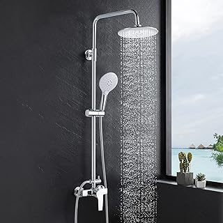 kisimixer Shower System with Diverter Chrome, Shower Mixer Set with 21cm Round Overhead Rainfall Shower Head, 3-Function Handheld Shower, Riser Rail, Adjustable Height Anti Scald Shower Set