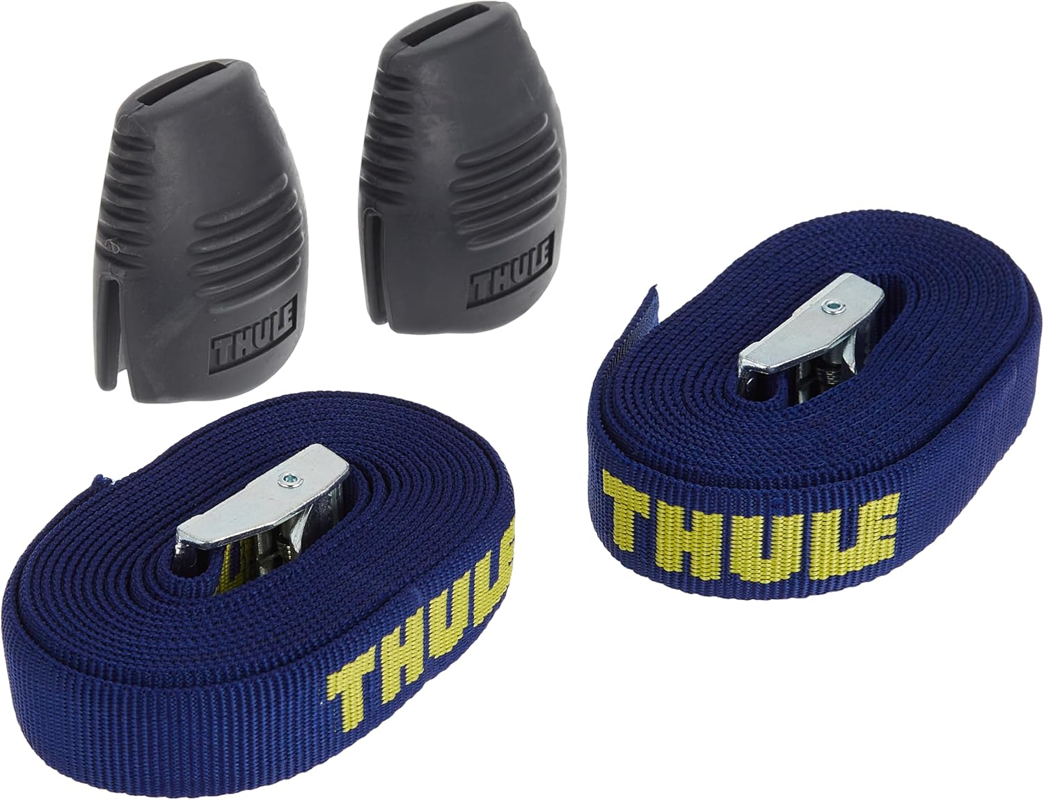 Thule 9-foot load strap coiled with cam buckle and separate buckle bumper