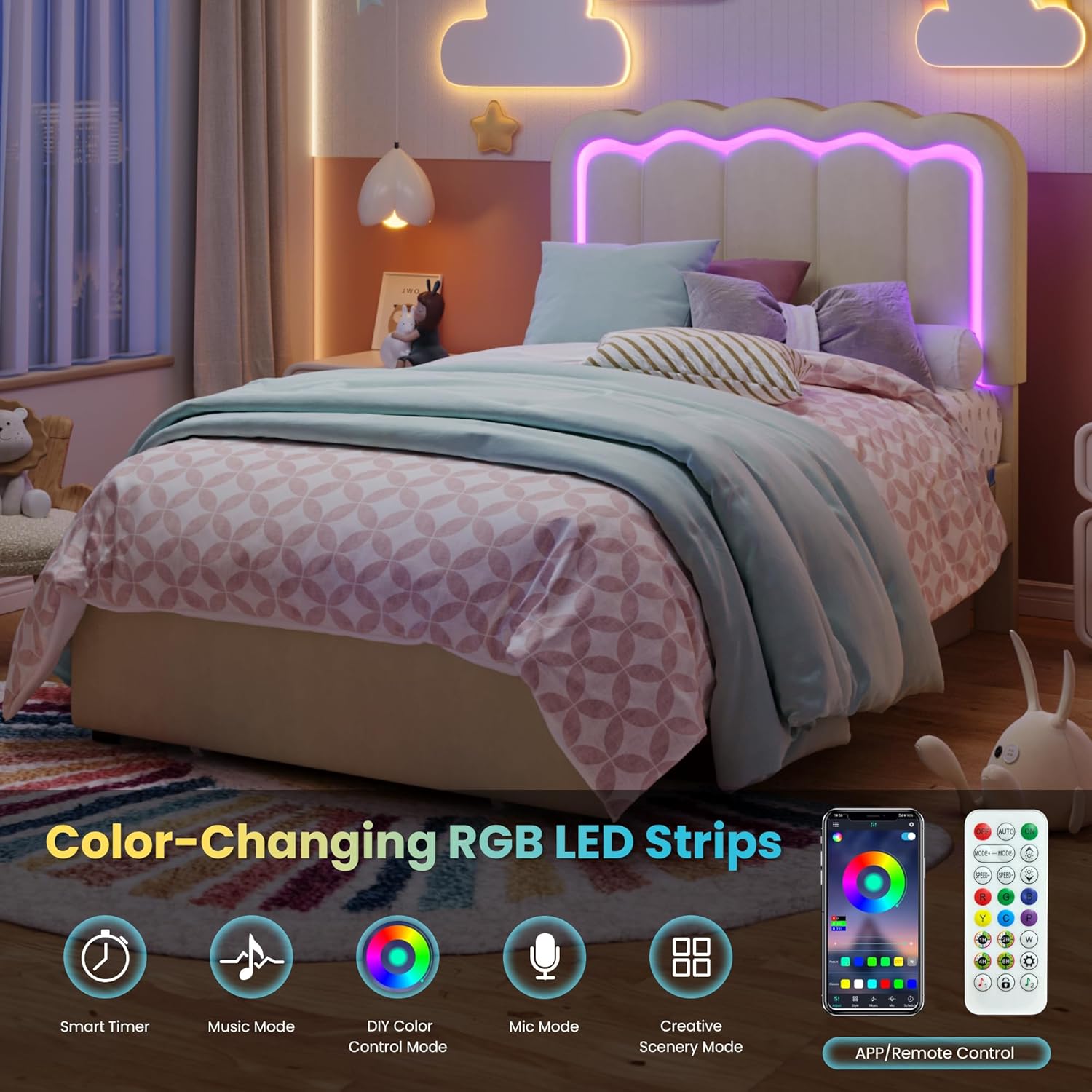 SHA CERLIN Upholstered Twin Size Bed Frame with LED Lights and Large Storage Drawer, Velvet Platform Bed with Adjustable Wavy Headboard, Noise Free, Easy Assembly, No Box Spring Needed, Soft Cream