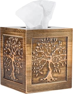 Ukwell Wood Carved Tissue Box Cover Square Brown Tissue Holder Lacquered Tree of Life Design Rustic Vintage Home Decor for Bathrooom Bedroom Living Room