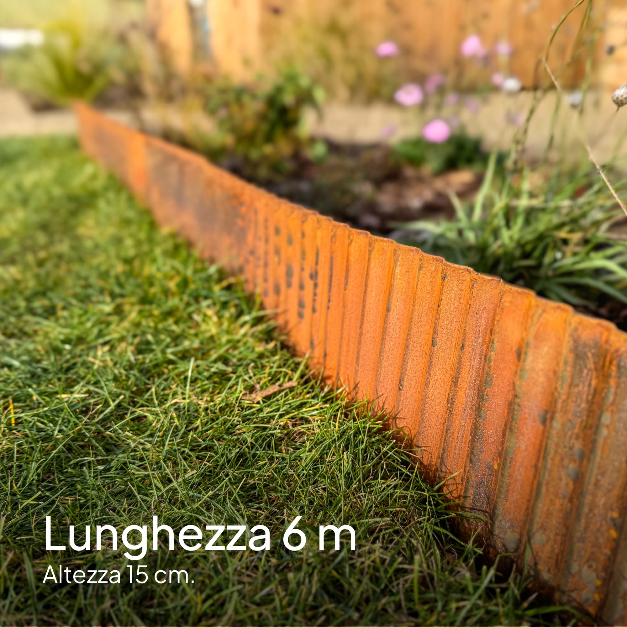 UNIGARDIA Bordura per Giardino in Acciaio Corten 6 m - Bordura per Aiuola in Metallo, Altezza 15 cm - Installazione Facile - Bordo per Prato in Ruggine, 1 Paio di Guanti Incluso