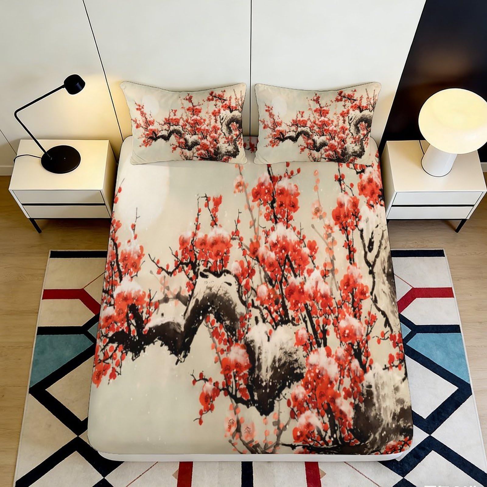 3D Printed Plum Blossom Fitted Sheet Microfiber Soft Breathable Ink Landscape Mattress Cover for Bedroom Decor 90x200x25cm