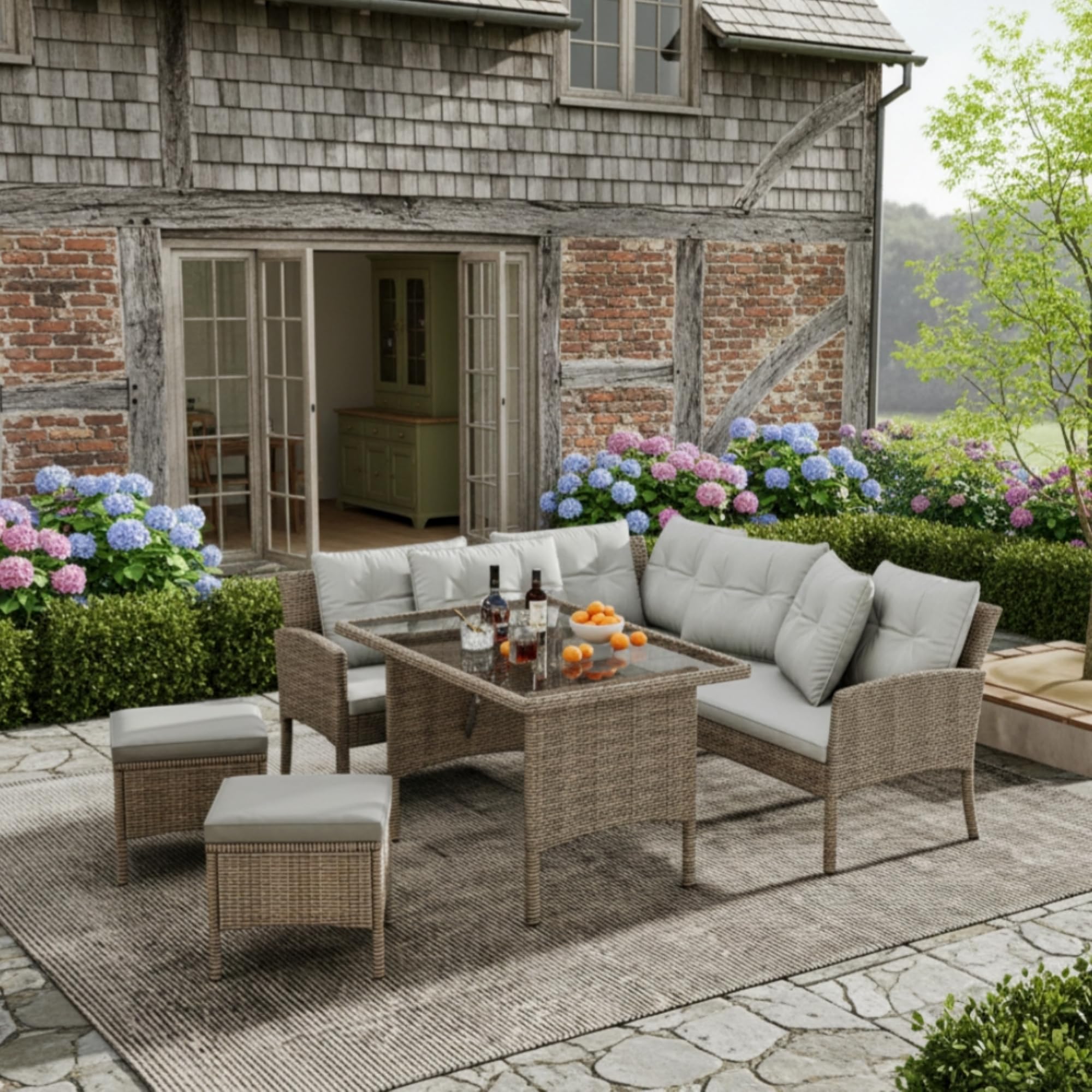 Salon de Jardin Exterieur 7 Personnes en Poly Rotin avec Table Coussin en Verre Trempé, Canapé d'angle Modulable, Housse Démontable, Ensemble Mobilier de Terrasse