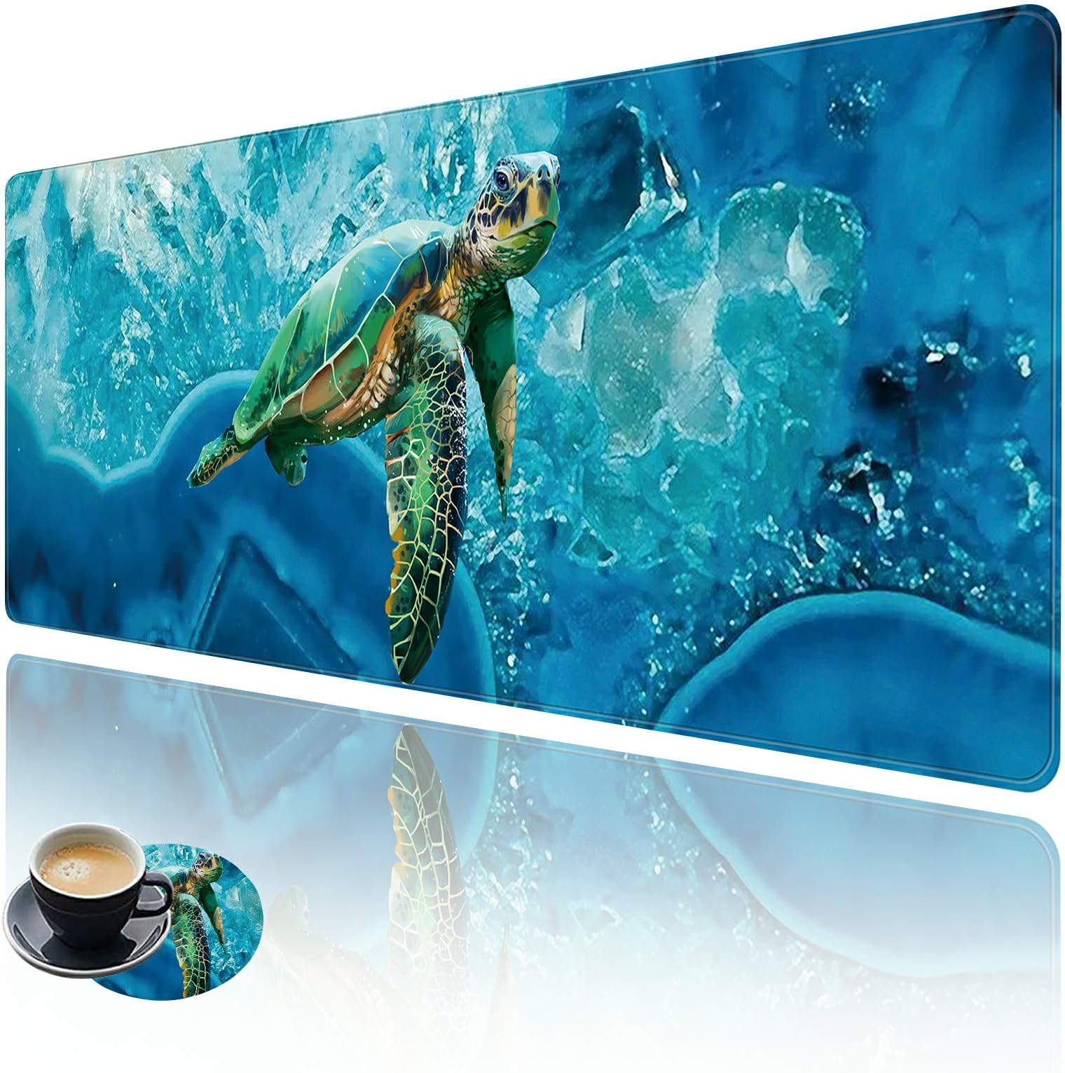 Extended Large Gaming Mouse Pad with Stitched Edges, XXL Mouse Pad Large (31.5x11.8 Inch) w/ Brilliant Design, Desk Mat Keyboard Pad with Anti Slip Base, Multifunctional Desk Pad - Turtle Underwater