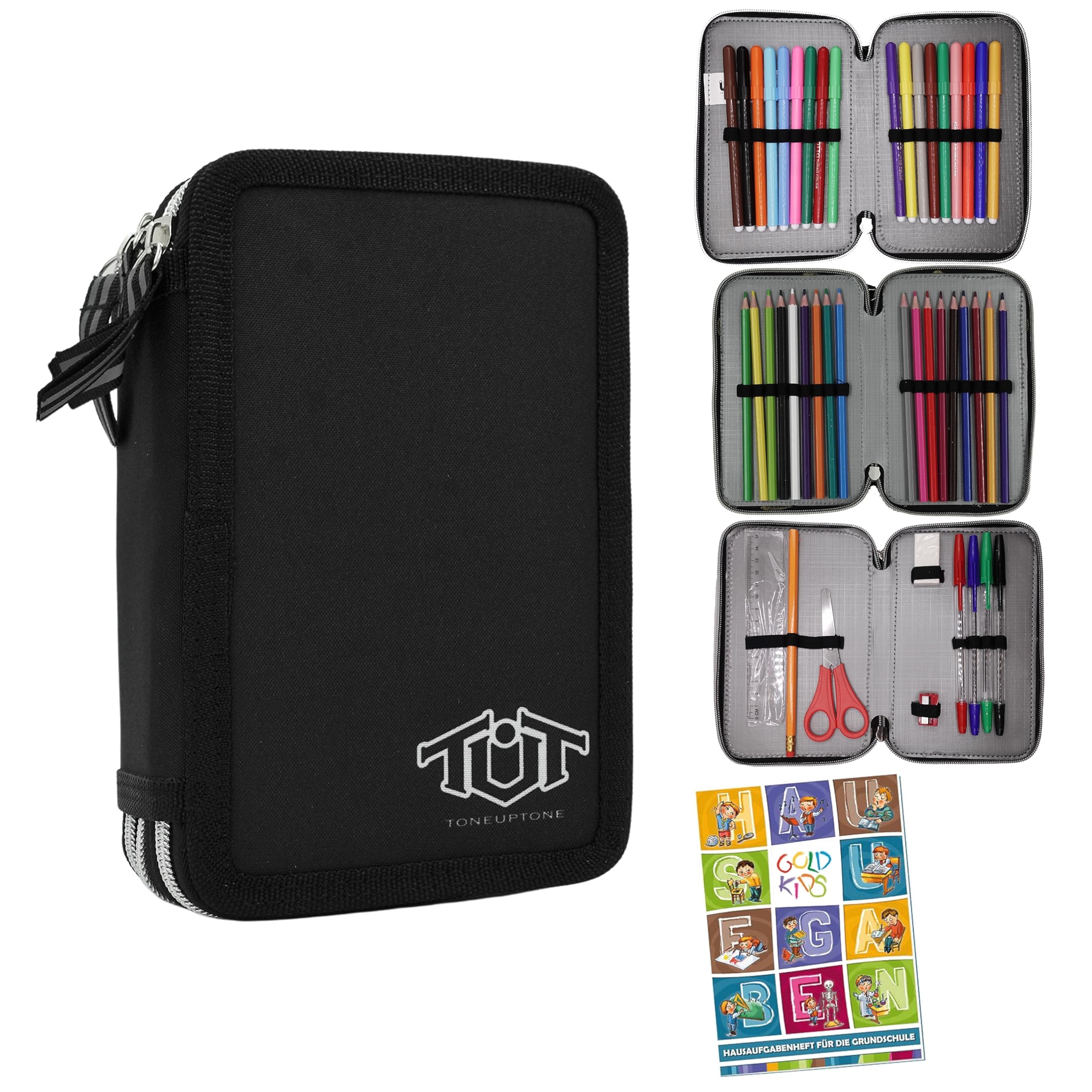 Goldkids ToneUpTone - Astuccio XXL per studenti, con 3 scomparti, 45 pezzi, con quaderno per compiti a casa, Nero , moderno